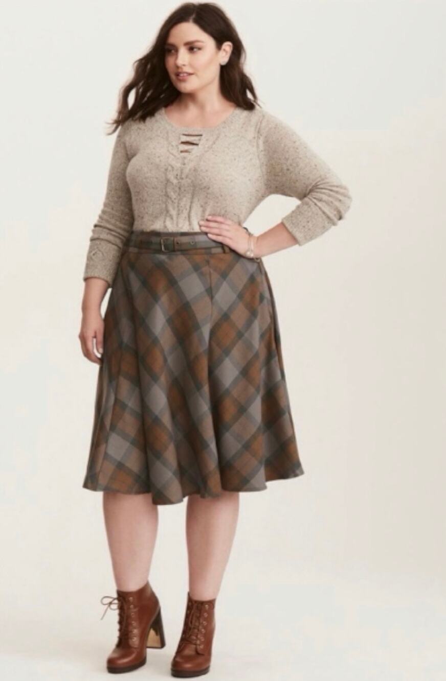 Outlander Gray Brown Plaid A-Line Knee Length flare belted Skirt Plus Size 20